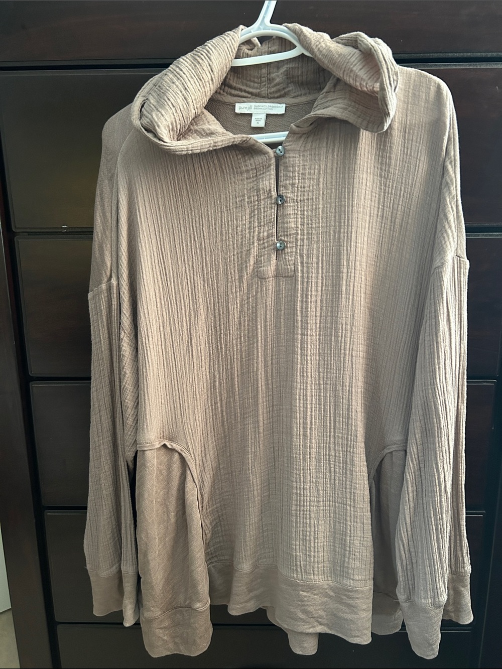 Pure Jill Button-Placket Gauze Hoodie shirt in Light Taupe with pockets